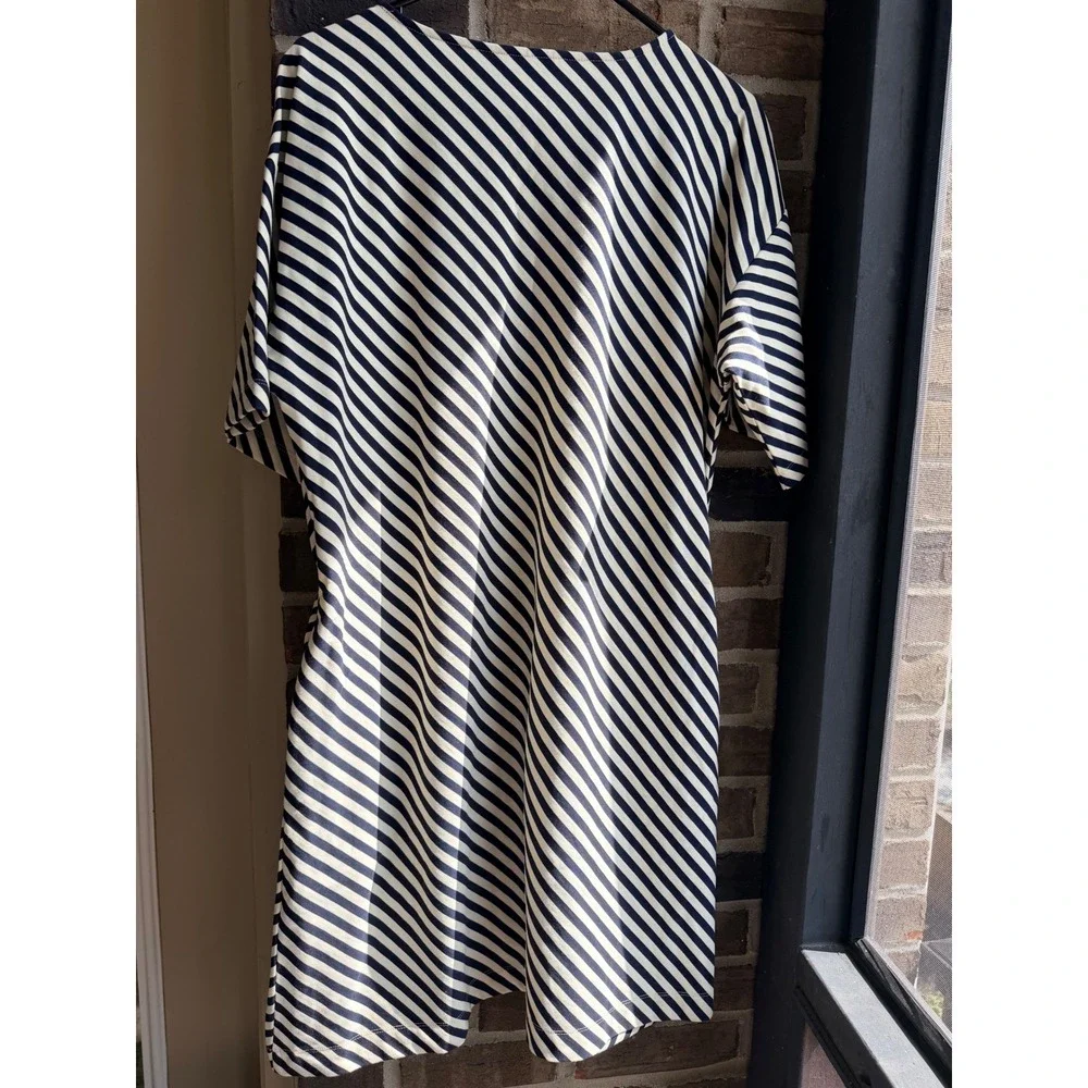Tory Burch Striped Cotton T-Shirt Dress Short Sleeve Mini Womens L Navy White